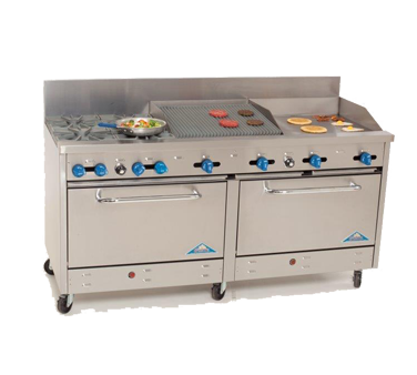 Comstock-Castle 2F330-24-2RB 72" Gas Restaurant Range, 4 Open Burners, 24" Griddle, 24" Radiant Broiler, 2 Standard Ovens, Stainless Steel Front, 246,000 BTU - Donut-Supplies.Com