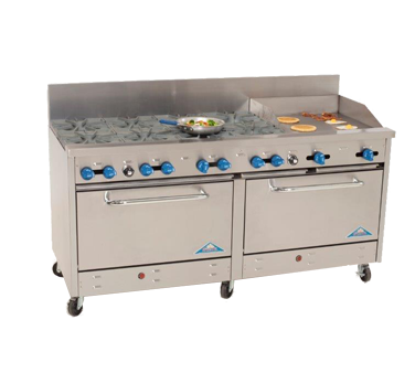 Comstock-Castle 2F330-24 72" Gas Restaurant Range, 8 Open Burners, 24" Griddle, 2 Standard Ovens, Stainless Steel Front, 316,000 BTU - Donut-Supplies.Com