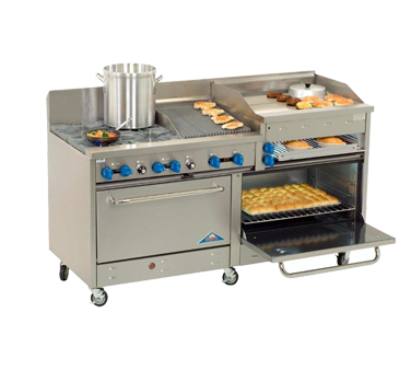 Comstock-Castle 2F330-24B 72" Gas Restaurant Range, 8 Open Burners, 24" Charbroiler, 2 Standard Ovens, Stainless Steel Front, 222,000 BTU - Donut-Supplies.Com