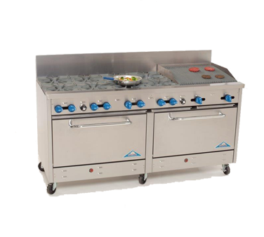 Comstock-Castle 2F330-2RB 72" Gas Restaurant Range, 8 Open Burners, 24" Radiant Broiler, 2 Standard Ovens, Stainless Steel Front, 302,000 BTU - Donut-Supplies.Com