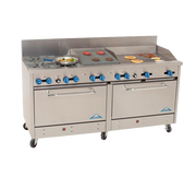 Comstock-Castle 2F330-30-1.5RB 72" Gas Restaurant Range, 4 Open Burners, 30" Griddle, 18" Radiant Broiler, 2 Standard Ovens, Stainless Steel Front, 268,000 BTU - Donut-Supplies.Com