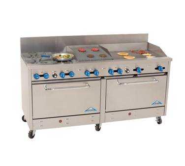 Comstock-Castle 2F330-30-1.5RB 72" Gas Restaurant Range, 4 Open Burners, 30" Griddle, 18" Radiant Broiler, 2 Standard Ovens, Stainless Steel Front, 268,000 BTU - Donut-Supplies.Com
