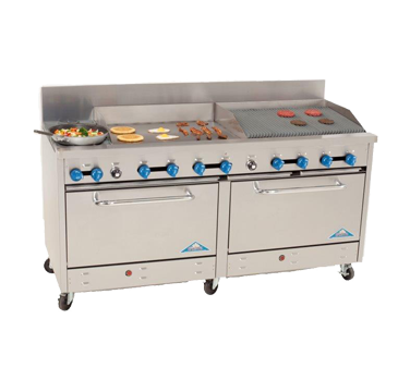 Comstock-Castle 2F330-30-2.5RB 72" Gas Restaurant Range, 2 Open Burners, 30" Griddle, 30" Radiant Broiler, 2 Standard Ovens, Stainless Steel Front, 246,000 BTU - Donut-Supplies.Com