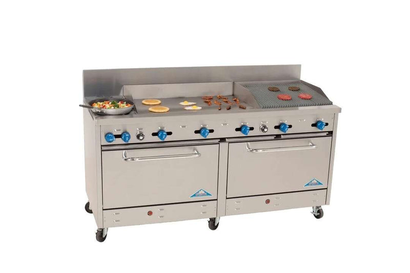 Comstock-Castle 2F330-36-2RB 72" Gas Restaurant Range, 2 Open Burners, 36" Griddle, 24" Radiant Broiler, 2 Standard Ovens, Stainless Steel Front, 246,000 BTU - Donut-Supplies.Com