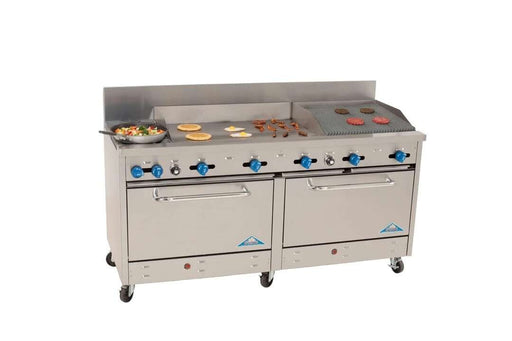 Comstock-Castle 2F330-36-2RB 72" Gas Restaurant Range, 2 Open Burners, 36" Griddle, 24" Radiant Broiler, 2 Standard Ovens, Stainless Steel Front, 246,000 BTU - Donut-Supplies.Com