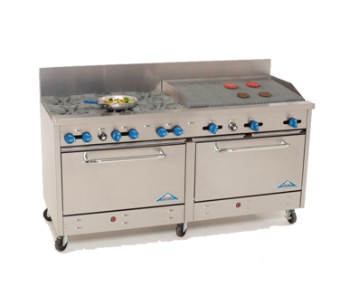 Comstock-Castle 2F330-3RB 72" Gas Restaurant Range, 6 Open Burners, 36" Radiant Broiler, 2 Standard Ovens, Stainless Steel Front, 279,000 BTU - Donut-Supplies.Com