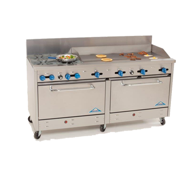 Comstock-Castle 2F330-48 72" Gas Restaurant Range, 4 Open Burners, 48" Griddle, 2 Standard Ovens, Stainless Steel Front, 264,000 BTU - Donut-Supplies.Com