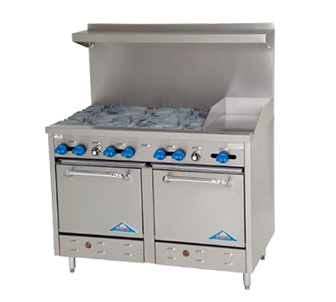 Comstock-Castle F3218-12 48" Gas Restaurant Range, 6 Open Burners, 12" Griddle, 2 Standard Ovens, Stainless Steel Front, 234,000 BTU - Donut-Supplies.Com