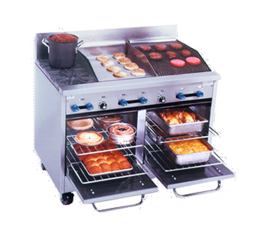 Comstock-Castle F3218-18-1.5RB 48" Gas Restaurant Range, 2 Open Burners, 18" Griddle, 18" Radiant Broiler, 2 Standard Ovens, Stainless Steel Front, 178,000 BTU - Donut-Supplies.Com
