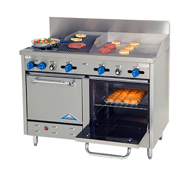 Comstock-Castle F3218-24-1RB 48" Gas Restaurant Range, 2 Open Burners, 24" Griddle, 12" Radiant Broiler, 2 Standard Ovens, Stainless Steel Front, 163,000 BTU - Donut-Supplies.Com