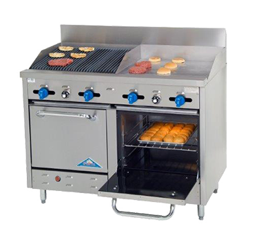 Comstock-Castle F3218-24-2RB 48" Gas Restaurant Range, 24" Griddle, 24" Radiant Broiler, 2 Standard Ovens, Stainless Steel Front, 126,000 BTU - Donut-Supplies.Com