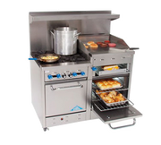 Comstock-Castle F3218-24B 48" Gas Restaurant Range, 4 Open Burners, 24" Charbroiler, 2 Standard Ovens, Stainless Steel Front, 204,000 BTU - Donut-Supplies.Com