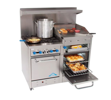Comstock-Castle F3218-24B 48" Gas Restaurant Range, 4 Open Burners, 24" Charbroiler, 2 Standard Ovens, Stainless Steel Front, 204,000 BTU - Donut-Supplies.Com