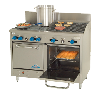 Comstock-Castle F3218-2RB 48" Gas Restaurant Range, 4 Open Burners, 24" Radiant Broiler, 2 Standard Ovens, Stainless Steel Front, 196,000 BTU - Donut-Supplies.Com