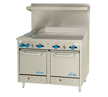 Comstock-Castle F3218-36 48" Gas Restaurant Range, 2 Open Burners, 36" Griddle, 2 Standard Ovens, Stainless Steel Front, 174,000 BTU - Donut-Supplies.Com