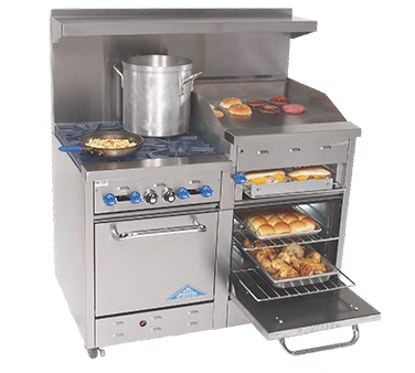 Comstock-Castle F3218-36B 48" Gas Restaurant Range, 2 Open Burners, 36" Charbroiler, 2 Standard Ovens, Stainless Steel Front, 158,000 BTU - Donut-Supplies.Com