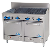 Comstock-Castle F3218-3RB 48" Gas Restaurant Range, 2 Open Burners, 36" Radiant Broiler, 2 Standard Ovens, Stainless Steel Front, 173,000 BTU - Donut-Supplies.Com