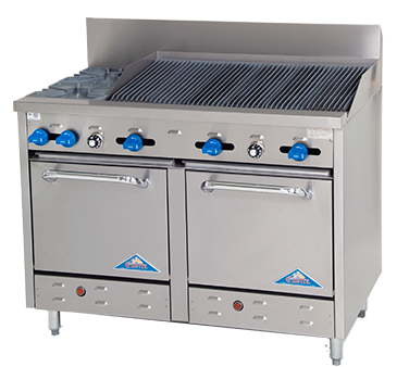 Comstock-Castle F3218-3RB 48" Gas Restaurant Range, 2 Open Burners, 36" Radiant Broiler, 2 Standard Ovens, Stainless Steel Front, 173,000 BTU - Donut-Supplies.Com