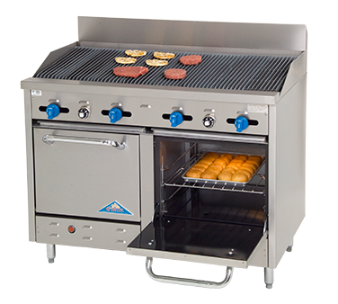 Comstock-Castle F3218-4RB 48" Gas Restaurant Range, 4 Open Burners, 48" Radiant Broiler, 2 Standard Ovens, Stainless Steel Front, 150,000 BTU - Donut-Supplies.Com