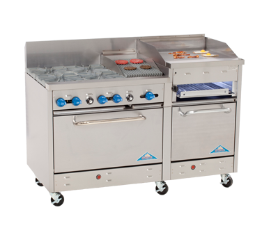 Comstock-Castle F3226-1.5RB-30B 60" Gas Restaurant Range, 2 Open Burners, 18" Radiant Broiler, 30" Charbroiler, 2 Standard Ovens, Stainless Steel Front, 198,000 BTU - Donut-Supplies.Com