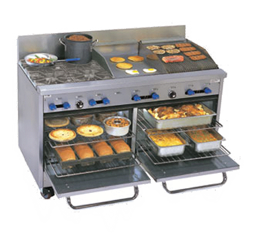 Comstock-Castle F3226-18-1.5RB 60" Gas Restaurant Range, 4 Open Burners, 18" Griddle, 18" Radiant Broiler, 2 Standard Ovens, Stainless Steel Front, 244,000 BTU - Donut-Supplies.Com