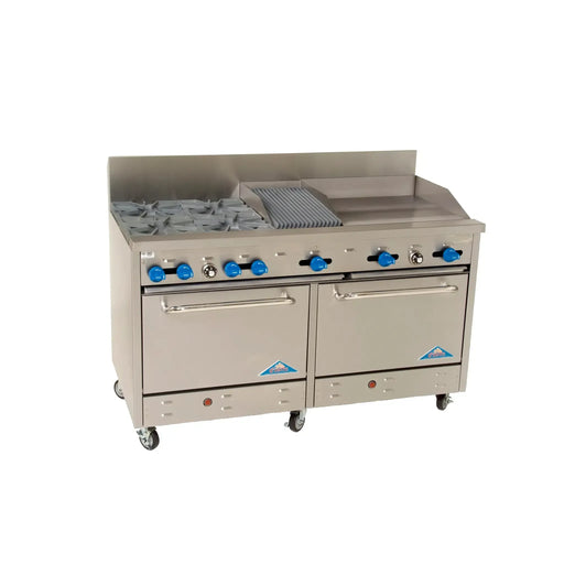 Comstock-Castle F3226-1RB-24B 60" Gas Restaurant Range, 4 Open Burners, 24" Radiant Broiler, 2 Standard Ovens, Stainless Steel Front, 211,000 BTU - Donut-Supplies.Com