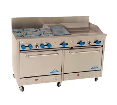 Comstock-Castle F3226-24-1RB 60" Gas Restaurant Range, 4 Open Burners, 24" Griddle, 12" Radiant Broiler, 2 Standard Ovens, Stainless Steel Front, 246,000 BTU - Donut-Supplies.Com