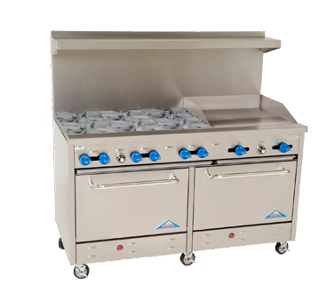 Comstock-Castle F3226-24 60" Gas Restaurant Range, 6 Open Burners, 24" Griddle, 2 Standard Ovens, Stainless Steel Front, 270,000 BTU - Donut-Supplies.Com
