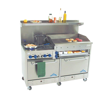 Comstock-Castle F3226-36B 60" Gas Restaurant Range, 4 Open Burners, 36" Charbroiler, 2 Standard Ovens, Stainless Steel Front, 216,000 BTU - Donut-Supplies.Com
