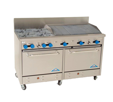 Comstock-Castle F3226-4RB 60" Gas Restaurant Range, 2 Open Burners, 48" Radiant Broiler, 2 Standard Ovens, Stainless Steel Front, 208,000 BTU - Donut-Supplies.Com