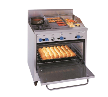 Comstock-Castle F330-12-1RB 36" Gas Restaurant Range, 2 Open Burners, 12" Griddle, 12" Radiant Broiler, Single Standard Oven, Stainless Steel Front, 123,000 BTU - Donut-Supplies.Com