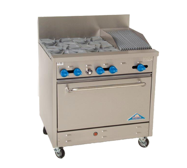Comstock-Castle F330-1RB 36" Gas Restaurant Range, 4 Open Burners, 12" Radiant Broiler, Single Standard Oven, Stainless Steel Front, 151,000 BTU - Donut-Supplies.Com