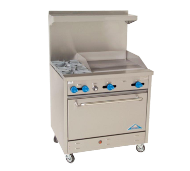 Comstock-Castle F330-24 36" Gas Restaurant Range, 2 Open Burners, 24" Manual Griddle, Single Standard Oven, Stainless Steel Front, 132,000 BTU - Donut-Supplies.Com