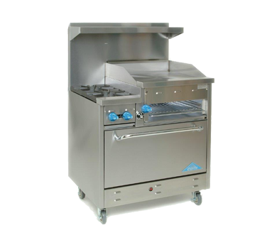 Comstock-Castle F330-24B 36" Gas Restaurant Range, 2 Open Burners, 24" Charbroiler, Single Standard Oven, Stainless Steel Front, 108,000 BTU - Donut-Supplies.Com