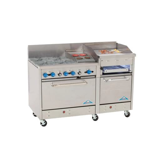 Comstock-Castle F33018-1RB-24B 60" Gas Restaurant Range, 4 Open Burners, 12" Radiant Broiler, 24" Charbroiler, 2 Standard Ovens, Stainless Steel Front, 206,000 BTU - Donut-Supplies.Com