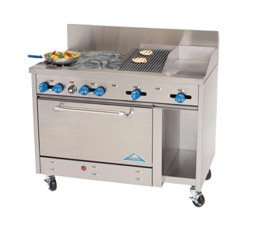 Comstock-Castle F3430-12-2RB 48" Gas Restaurant Range, 2 Open Burners, 12" Griddle, 24" Charbroiler, Single Standard Oven, Stainless Steel Front, 148,000 BTU - Donut-Supplies.Com