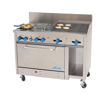 Comstock-Castle F3430-1RB 48" Gas Restaurant Range, 6 Open Burners, 12" Charbroiler, Single Standard Oven, Stainless Steel Front, 199,000 BTU - Donut-Supplies.Com