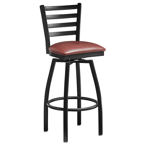 Omcan Bar Height Metal Ladder Swivel Chair with Burgundy Vinyl Seat – Commercial Restaurant Bar Stool with Steel Frame, Swivel Function, and Upholstered Vinyl Seat Design - Donut-Supplies.Com