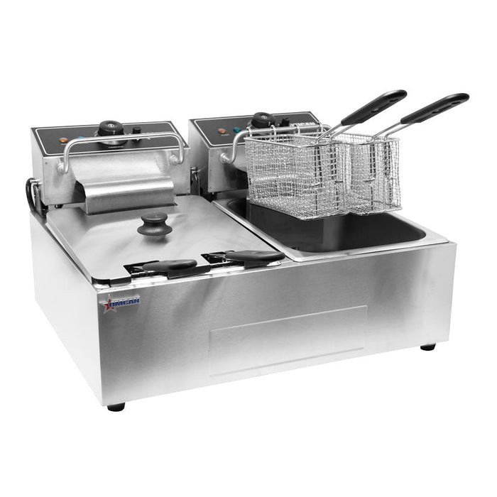 Omcan 12 lb x 2 Double Tank Countertop Electric Fryer – 5000W, 220V Commercial Dual Tank Deep Fryer for Restaurants, Concession Stands & Foodservice Kitchens