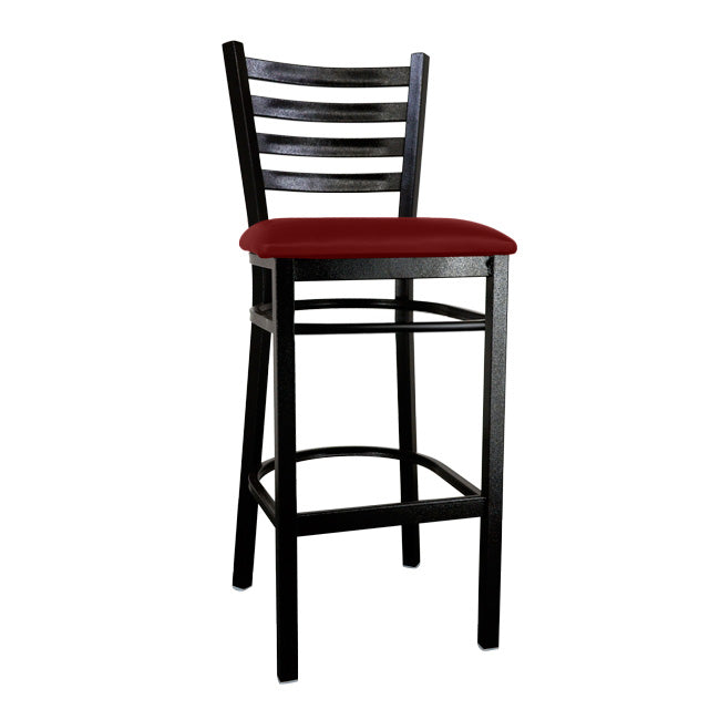 Omcan Metal Ladder Back Bar Height Chair with Burgundy Vinyl Seat – Commercial Restaurant Bar Chair with Black Steel Frame and Upholstered Vinyl Seat Design