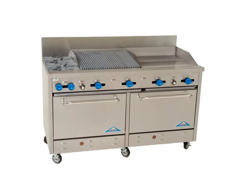 Comstock-Castle F3226-24-2RB 60" Gas Restaurant Range, 2 Open Burners, 24" Griddle, 24" Radiant Broiler, 2 Standard Ovens, Stainless Steel Front, 198,000 BTU - Donut-Supplies.Com