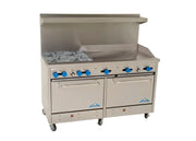 Comstock-Castle F3226-36 60" Gas Restaurant Range, 4 Open Burners, 36" Griddle, 2 Standard Ovens, Stainless Steel Front, 240,000 BTU - Donut-Supplies.Com