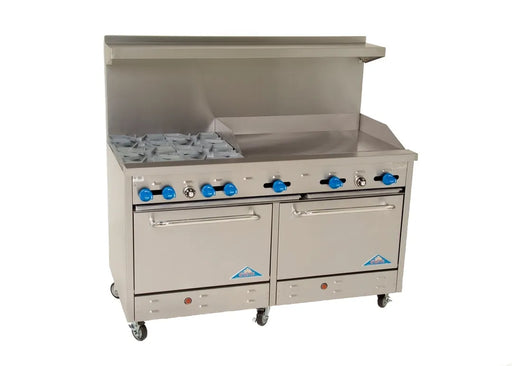 Comstock-Castle F3226-36 60" Gas Restaurant Range, 4 Open Burners, 36" Griddle, 2 Standard Ovens, Stainless Steel Front, 240,000 BTU - Donut-Supplies.Com