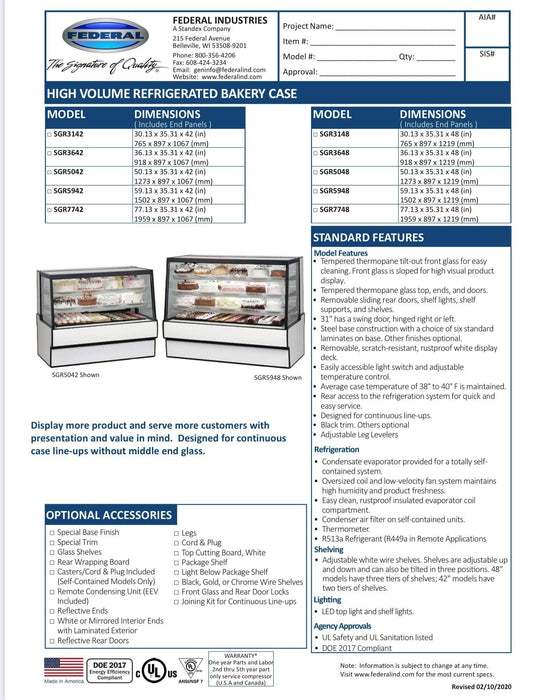 Federal SGR3642 Refrigerated High Volume Series Display Case 36" x 35.31" x 42"