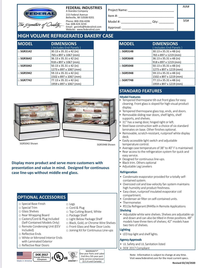 Federal SGR5948 Refrigerated High Volume Series Display Case 59" x 35.31" x 48" - Donut-Supplies.Com