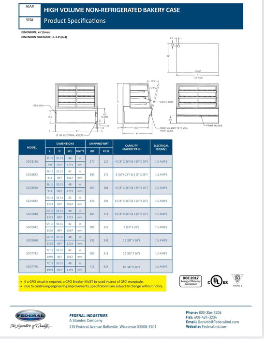 Federal SGD5042 Dry High Volume Series Display Case 50" x 35.31" x 42"