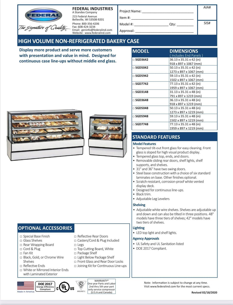 Federal SGD5048 Dry High Volume Series Display Case 50" x 35.31" x 48" - Donut-Supplies.Com