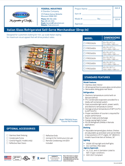 Federal Industries (ITRSS4826)-Italian Series Self Serve Drop-In Refrigerated Open Air Display with Shelves 120V