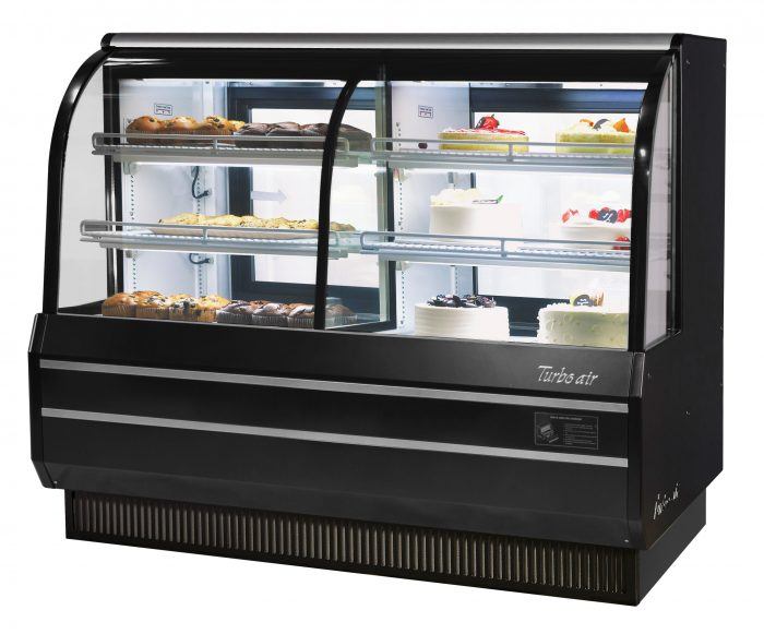 Turbo Air TCGB-60CO-B-N 60-1/2" Curved Glass Full-Service Dual Zone Dry/Refrigerated Bakery Display Case, 3 Levels, Black Exterior, 115v - Donut-Equipment.com