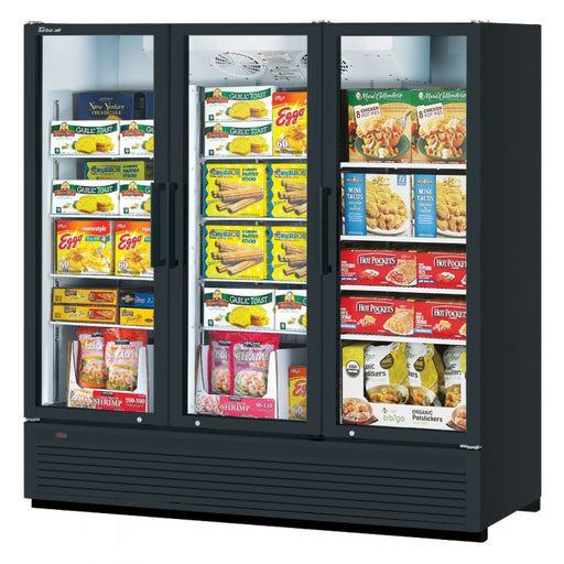 Turbo Air TGF-72SDHB-N 78" Black Super Deluxe Three Section Display Freezer w/ Swing Doors – Bottom Mount Compressor, LED Lighting, 115v - Donut-Supplies.Com